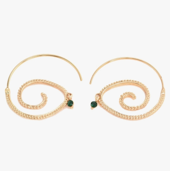 Gold Spiral Hoop Earrings Big Swirl Statement Hoops Boho Green Accent Bead New - Picture 5 of 7